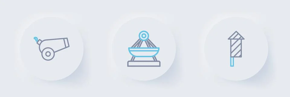 Set line Firework rocket, Circus ticket and Cannon icon. Vector Stock Illustration