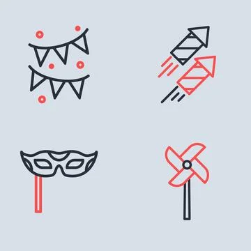 Set line Firework rocket, Festive mask, Pinwheel toy and Carnival garland w.. Иллюстрация