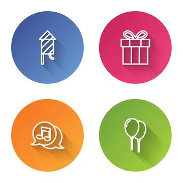 Set line Firework rocket, Gift box, Musical note in speech bubble and Balloons Stock Illustration