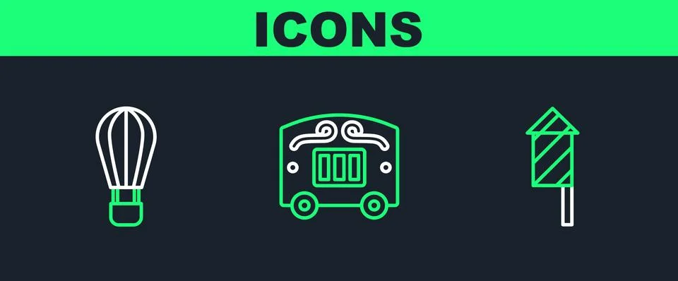 Set line Firework rocket, Hot air balloon and Circus wagon icon. Vector Stock Illustration