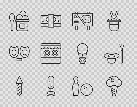 Set line Firework rocket, Ice cream in waffle cone, Amusement park billboard Stock Illustration