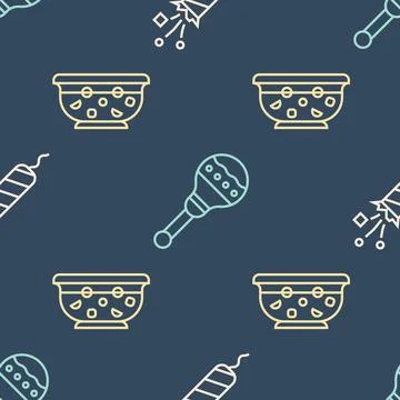 Set line Firework rocket, Mixed punch in bowl and Maracas on seamless pattern Stock Illustration