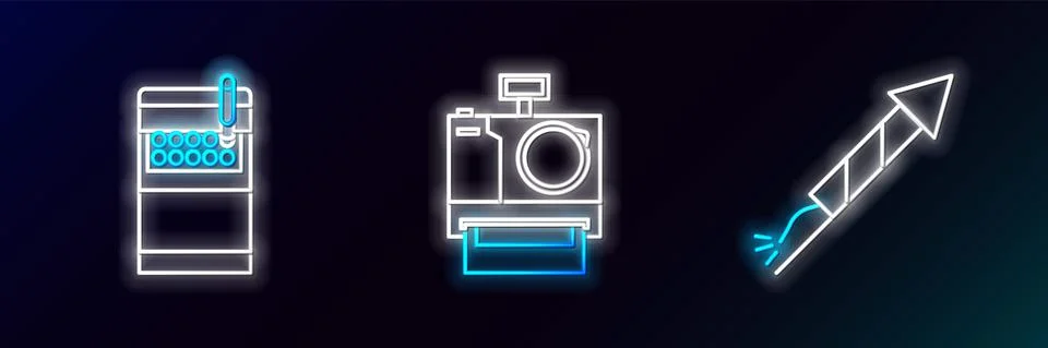 Set line Firework rocket, Open cigarettes pack box and Photo camera icon Stock Illustration
