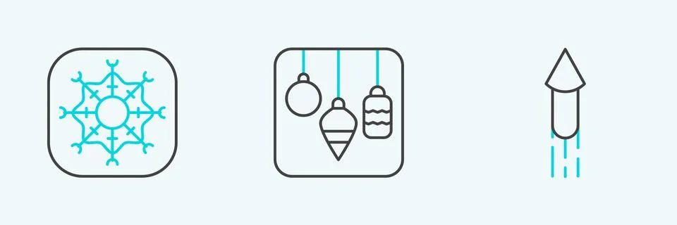 Set line Firework rocket, Snowflake and Christmas lights icon. Vector Stock Illustration