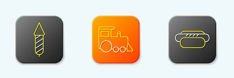 Set line Firework rocket, Toy train and Hotdog icon. Vector 스톡 일러스트