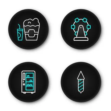 Set line Firework rocket, Vending machine, Ferris wheel and Popcorn box and.. Stock Illustration