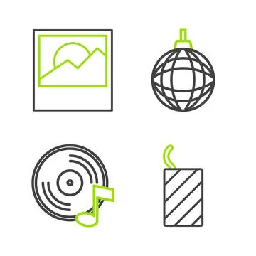 Set line Firework rocket, Vinyl disk, Disco ball and Photo icon. Vector Stock Illustration