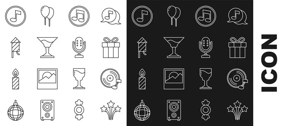 Set line Firework, Vinyl disk, Gift box, Music note, tone, Cocktail, rocket, and Stock Illustration