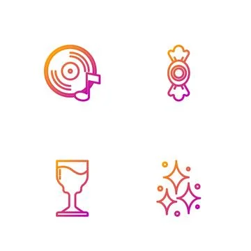 Set line Firework, Wine glass, Vinyl disk and Candy. Gradient color icons. Ve Stock Illustration