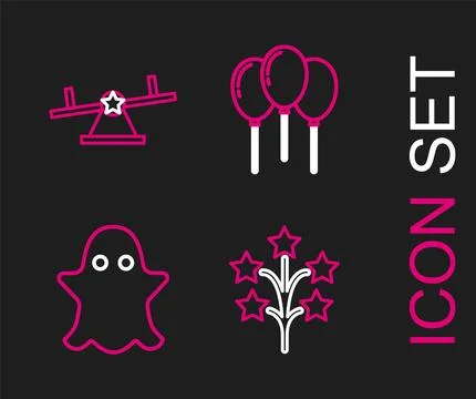 Set line Fireworks, Ghost, Balloons with ribbon and Seesaw icon. Vector Stock Illustration
