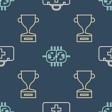 Set line First aid kit, Award cup and Hockey table on seamless pattern. Vector Stock Illustration