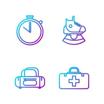 Set line First aid kit, Sport bag, Stopwatch and Skates. Gradient color icons Stock Illustration