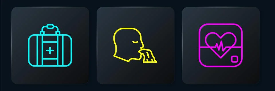 Set line First aid kit, Heart rate and Vomiting man. Black square button. Vector イラスト素材