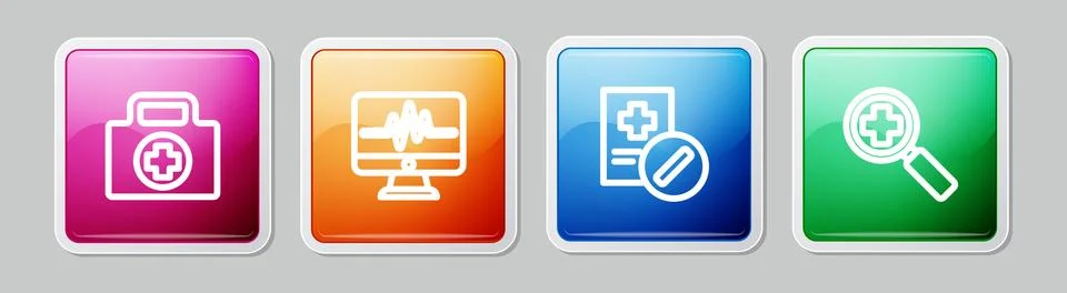 Set line First aid kit, Monitor with cardiogram, Medical prescription and Illustrazione stock