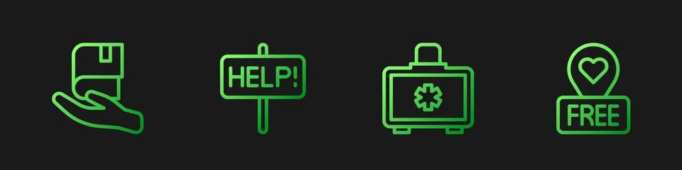 Set line First aid kit, Book donation, Help sign and Location with heart Ilustração Stock