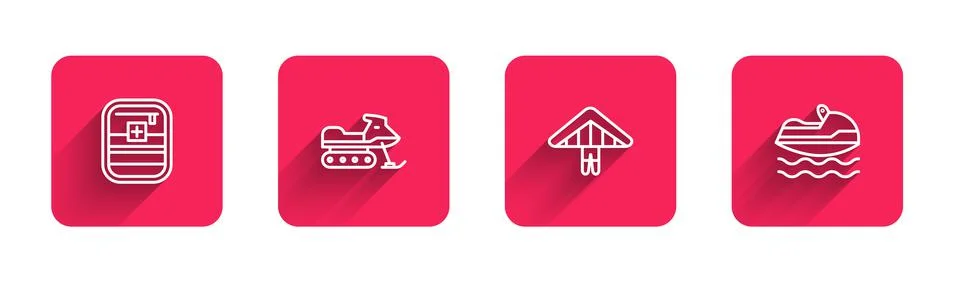 Set line First aid kit, Snowmobile, Hang glider and Jet ski with long shadow 库存插图