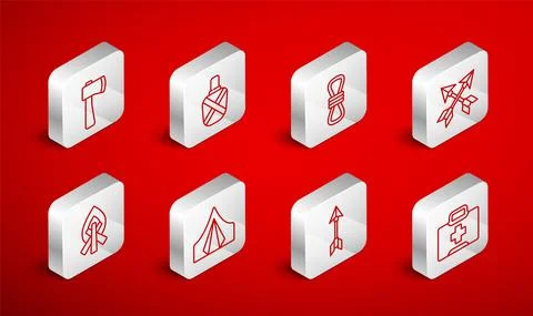 Set line First aid kit, Canteen water bottle, Climber rope, Crossed arrows Illustrazione stock