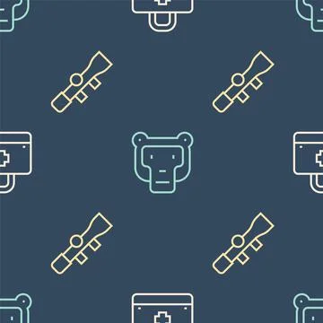 Set line First aid kit, Sniper optical sight and Monkey on seamless pattern Stock Illustration