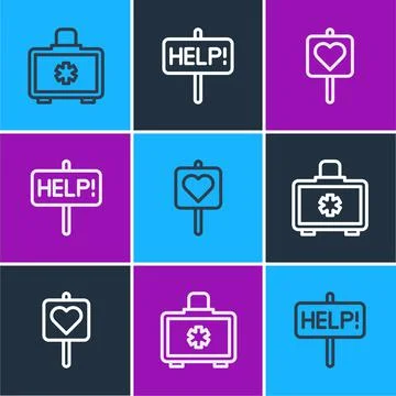 Set line First aid kit, Location with heart and Help sign icon. Vector Ilustração Stock