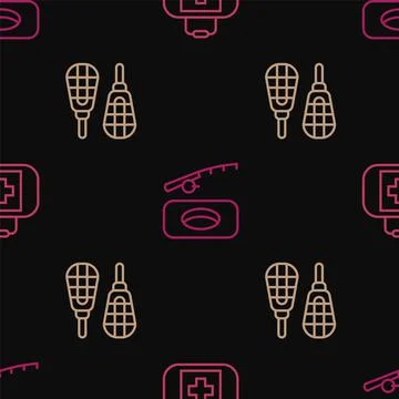 Set line First aid kit, Snowshoes and Winter fishing on seamless pattern. Vector Stock Illustration