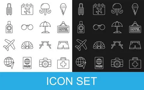 Set line First aid kit, Swimming trunks, Signboard with text Hotel, Jellyfish 스톡 일러스트