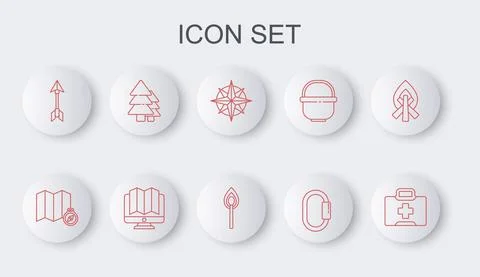 Set line First aid kit, Location of the forest on map, Wind rose, Carabiner Illustrazione stock