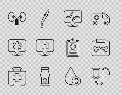 Set line First aid kit, IV bag, Heart rate, Medicine bottle and pills, Human Stock Illustration