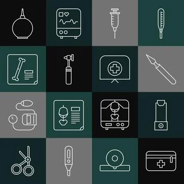 Set line First aid kit, Inhaler, Medical surgery scalpel, Syringe, otoscope tool Stock Illustration