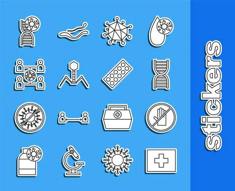 Set line First aid kit, No handshake, DNA symbol, Virus, Bacteria bacteriophage Stock Illustration