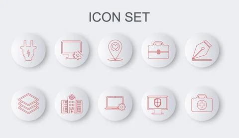 Set line First aid kit, Layers, Map pointer with heart, Monitor and shield Stock Illustration
