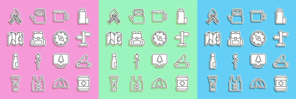 Set line First aid kit, Swiss army knife, Road traffic signpost, Camping metal Illustration