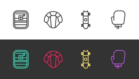 Set line First aid kit, Parachute, Longboard or skateboard and Boxing glove on イラスト素材
