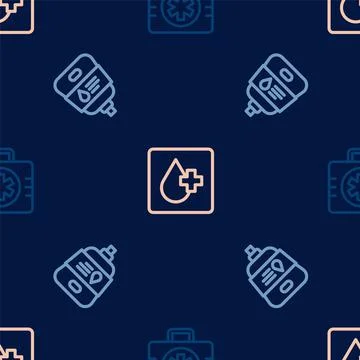 Set line First aid kit, IV bag and Blood test on seamless pattern. Vector Stock Illustration