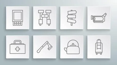 Set line First aid kit, Binoculars, Wooden axe, Kettle with handle, Suitcase Illustration