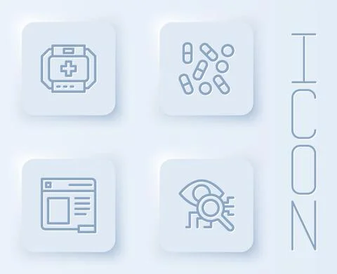 Set line First aid kit, Medical pill biohacking, Browser window and Eye scan Stock Illustration