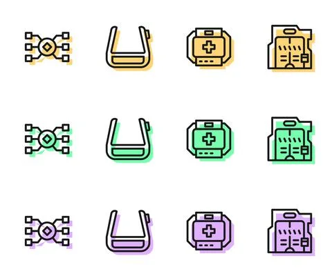 Set line First aid kit, Neural network, Smart glasses on spectacles and Stock Illustration