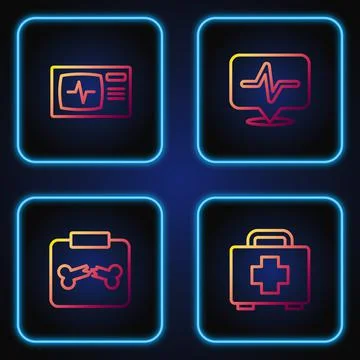 Set line First aid kit, X-ray shots with broken bone, Monitor cardiogram and Stock Illustration