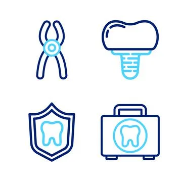 Set line First aid kit, Dental protection, implant and pliers icon. Vector Stock Illustration