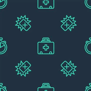 Set line First aid kit, Red card football and Stopwatch on seamless pattern Stock Illustration