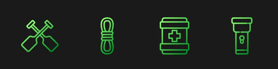 Set line First aid kit, Paddle, Climber rope and Flashlight. Gradient color Stock Illustration