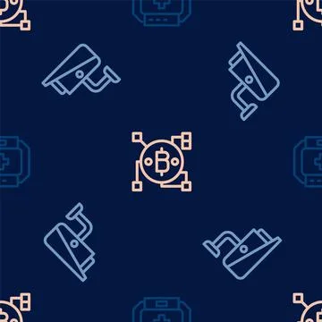 Set line First aid kit, Security camera and Blockchain technology Bitcoin on Stock Illustration