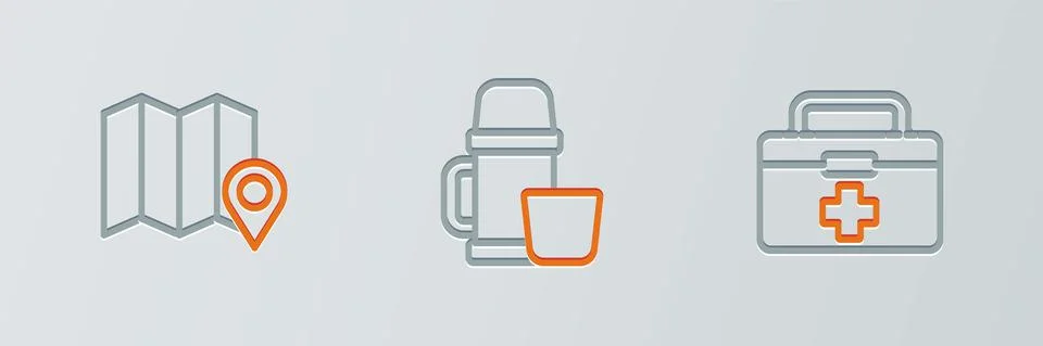 Set line First aid kit, Location of the forest on map and Thermos container and Stock Illustration