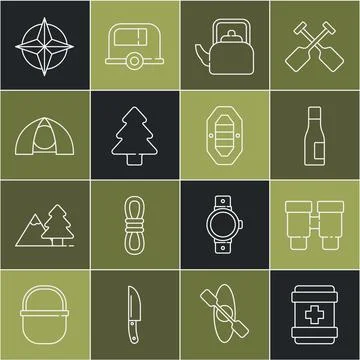 Set line First aid kit, Binoculars, Bottle of water, Kettle with handle, Forest Illustration