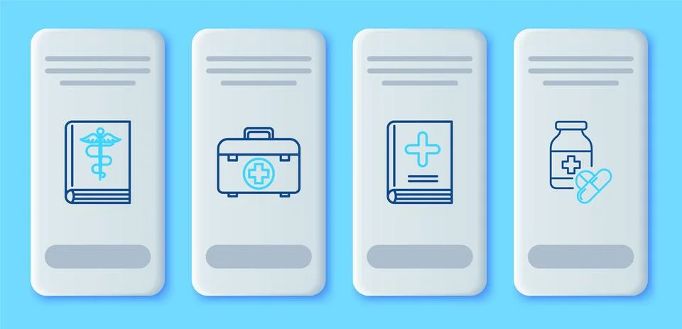 Set line First aid kit, Medical book, and Medicine bottle and pills icon. Vector Stock Illustration