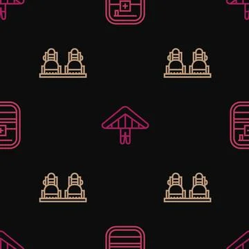 Set line First aid kit, Snowboard and Hang glider on seamless pattern. Vector Stock Illustration
