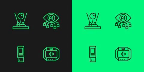 Set line First aid kit, USB flash drive, Hologram and Computer vision icon Illustrazione stock