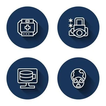 Set line First aid kit, Cyber security, Cloud database and Planet earth and Stock Illustration