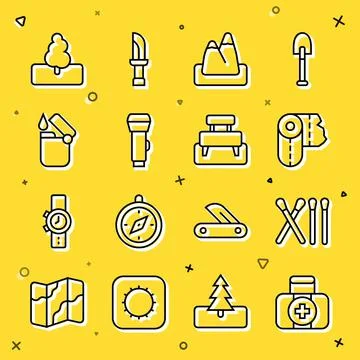 Set line First aid kit, Match stick, Paper towel roll, Mountains, Flashlight Ilustración de archivo