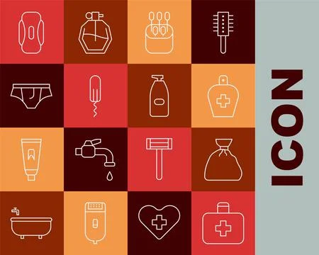 Set line First aid kit, Garbage bag, Bottle of liquid antibacterial soap, Cot Stock Illustration