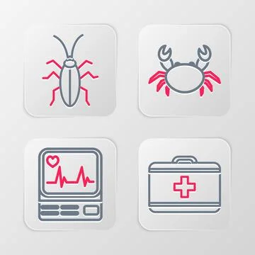 Set line First aid kit, Monitor with cardiogram, Crab and Cockroach icon. Vec Stock Illustration